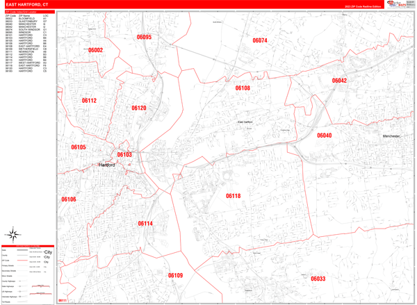 East Hartford City Wall Map Red Line Style